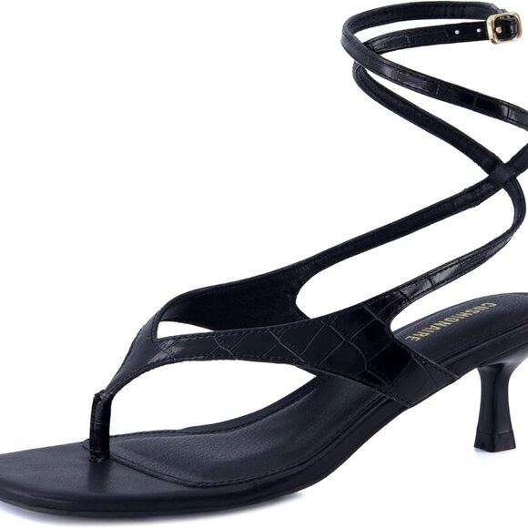 Women’s Faux Leather Ankle Wrap Heel Sandals 7 Wide Kitten Cushion Comfort - Picture 1 of 9